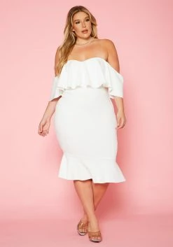 Plus Size Off Shoulder Ruffle Hem Midi Dress