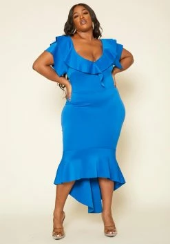 Plus Size High-Low Ruffled Bodycon Midi Dress