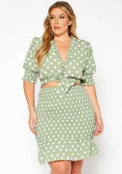 Plus Size Polka Dot Print Crop Top & Mini Skirt Set
