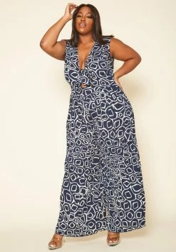 Plus Size Abstract Print Wide Flare Jumpsuit