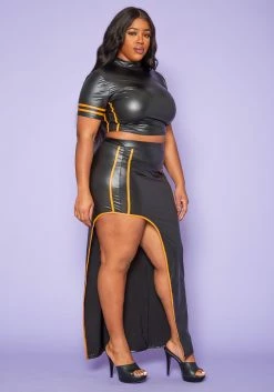 Plus Size Faux Leather Mock Neck Crop Top & Slit Maxi Skirt Set -Asoph Sales Shop 2020236 001 3