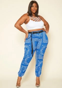 Plus Size Paisley Print Belted Cargo Pants