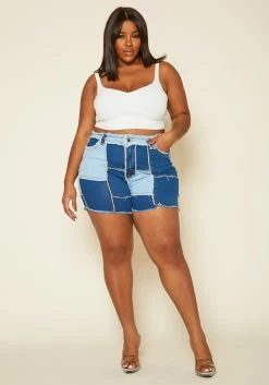 Plus Size Patchwork Denim Shorts