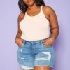 Plus Size Distressed Mid Length Denim Shorts