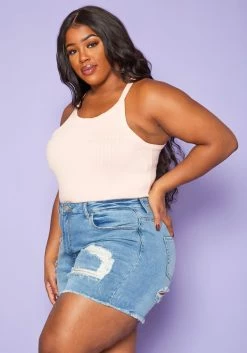 Plus Size Distressed Mid Length Denim Shorts -Asoph Sales Shop 2020268 001 4