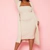 Plus Size Rib Knit Tube Midi Dress & Duster Cardigan Set
