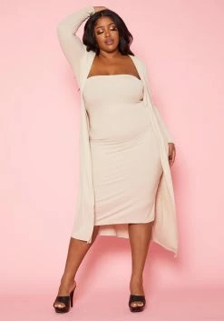 Plus Size Rib Knit Tube Midi Dress & Duster Cardigan Set