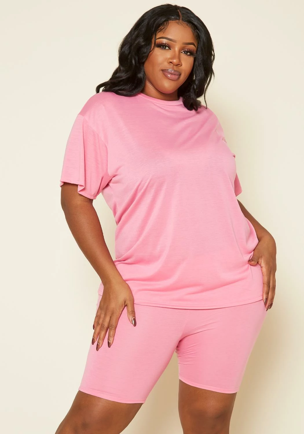 Plus Size Neon Basic Tee Shirt & Biker Shorts Set 1 Plus Size Neon Basic Tee Shirt & Biker Shorts Set