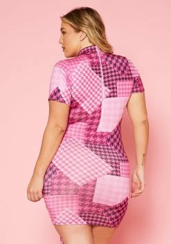 Plus Size Mock Neck Houndstooth Color Block Print Mini Dress 8 Plus Size Mock Neck Houndstooth Color Block Print Mini Dress -Asoph Sales Shop 2020297 001 5