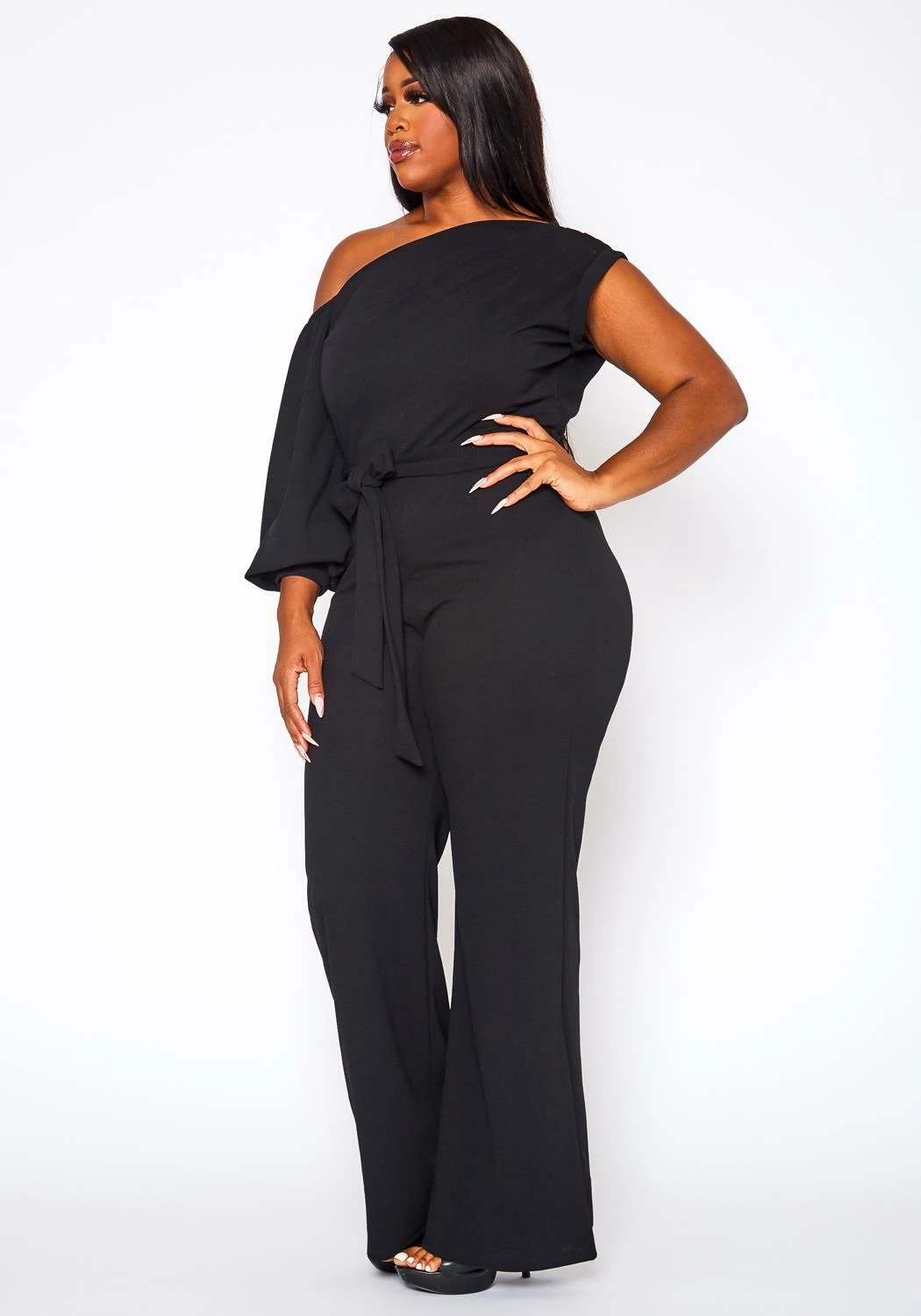 Plus Size One Sleeve Asymmetrical One Shoulder Jumpsuit 4 Plus Size One Sleeve Asymmetrical One Shoulder Jumpsuit - Image 4