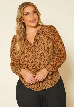 Plus Size Leopard Print Button Up Top