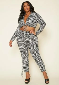 Plus Size Houndstooth Crop Top & Pants Set