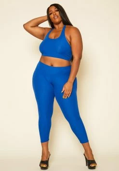 Plus Size Ribbed Halter Crop Top & Leggings Set