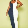 Plus Size Ribbed Two-Tone Color Cut Out Maxi Dress