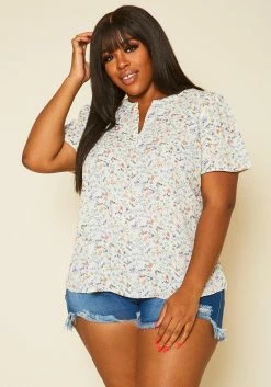 Plus Size Floral Print High Low Top