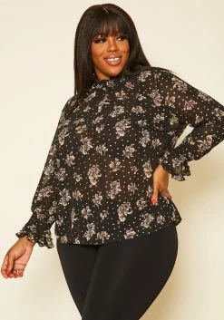 Pleione Plus Size Floral Print Mock Neck Top