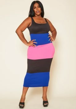 Plus Size Striped Color Block Midi Dress