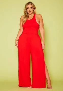 Plus Size Halter Top Wide Leg Slit Jumpsuit