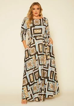 Plus Size Damask Print Fit & Flare Maxi Dress