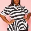 Plus Size Striped Bow Collar Peplum Top
