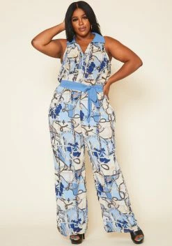 Plus Size Multi Print Collar Jumpsuit