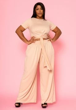 Plus Size Tie Front Crop Top & Wide Flare Pants Set