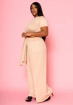 Plus Size Tie Front Crop Top & Wide Flare Pants Set -Asoph Sales Shop 2020689 003 3