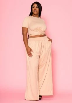 Plus Size Tie Front Crop Top & Wide Flare Pants Set -Asoph Sales Shop 2020689 003 5
