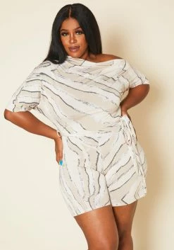 Plus Size Abstract Print Cold Shoulder Romper