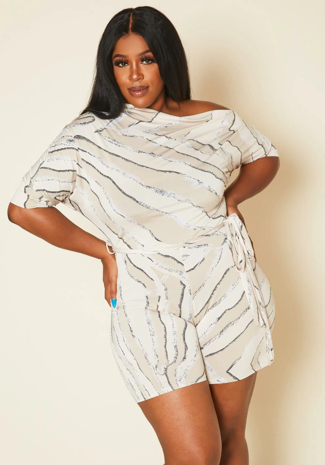 Plus Size Abstract Print Cold Shoulder Romper 1 Plus Size Abstract Print Cold Shoulder Romper