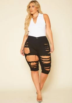 Plus Size Distressed High Waist Biker Shorts