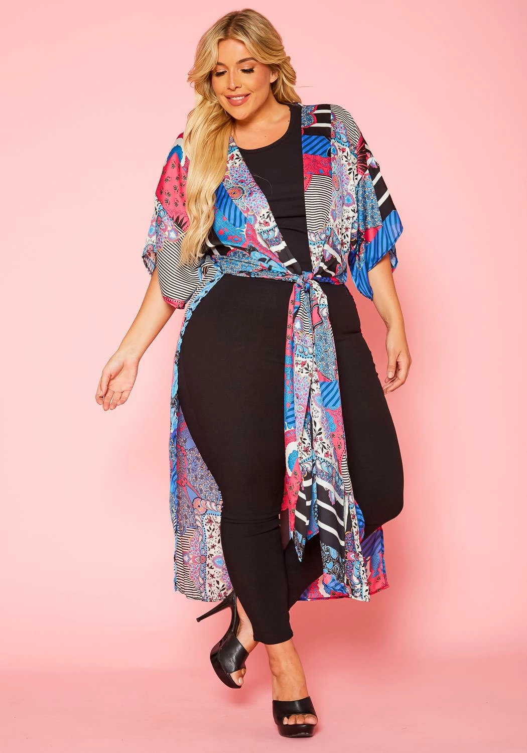 Plus Size Abstract Print Slit Kimono Cardigan 1 Plus Size Abstract Print Slit Kimono Cardigan