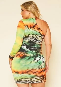 Plus Size Multi Print One Sleeve Mini Dress -Asoph Sales Shop 2020770 001 3