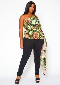 Plus Size Print One Sleeve Drape Hem Blouse -Asoph Sales Shop 2020789 001 2