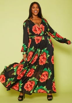 Plus Size Fit & Flare Peony Print Maxi Dress
