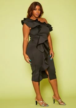 Plus Size Ruffle Asymmetrical Shoulder Midi Dress -Asoph Sales Shop 2020812 001 4