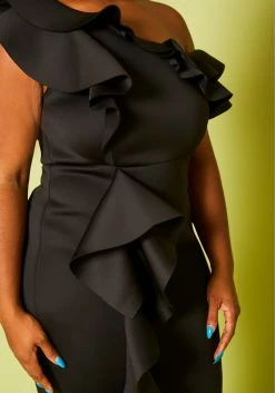 Plus Size Ruffle Asymmetrical Shoulder Midi Dress -Asoph Sales Shop 2020812 001 6