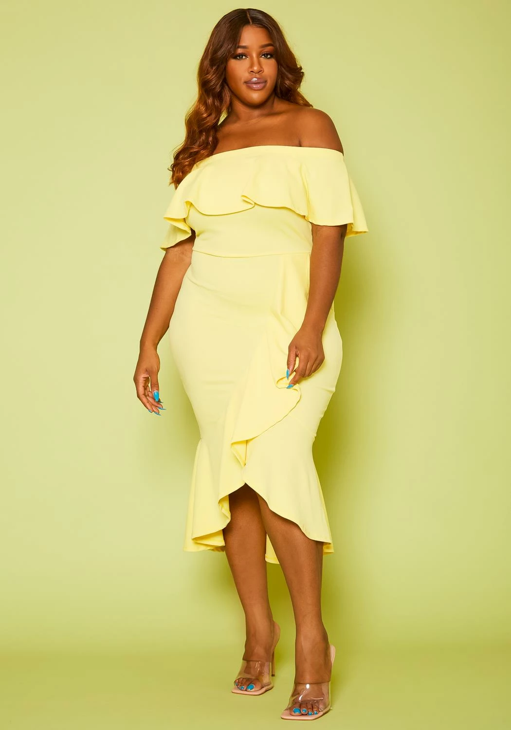 Plus Size High-Low Off Shoulder Ruffle Midi Dress 3 Plus Size High-Low Off Shoulder Ruffle Midi Dress - Image 3