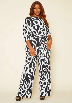 Plus Size Asymmetric Shoulder Abstract Print Jumpsuit