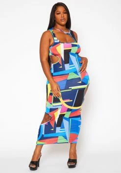 Plus Size Abstract Pattern Cut-Out Midi Dress
