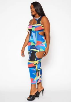 Plus Size Abstract Pattern Cut-Out Midi Dress -Asoph Sales Shop 2020844 001 4