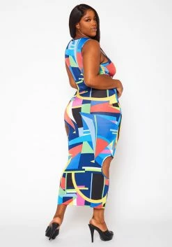 Plus Size Abstract Pattern Cut-Out Midi Dress -Asoph Sales Shop 2020844 001 5