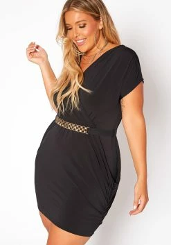 Asoph Plus Size Belted Overlay Bodycon Mini Dress
