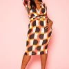 Plus Size Abstract Print Belted Bodycon Midi Dress