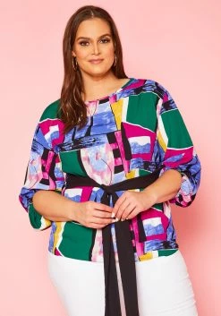 Plus Size Abstract Pattern Waist Tie Blouse -Asoph Sales Shop 2020966 001 2