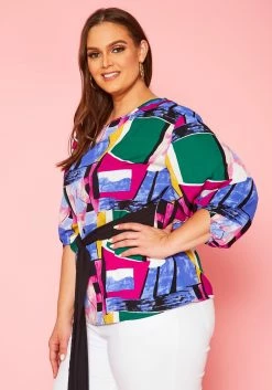 Plus Size Abstract Pattern Waist Tie Blouse -Asoph Sales Shop 2020966 001 3
