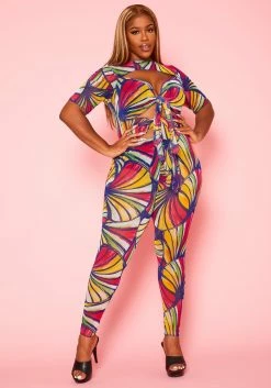 Plus Size Abstract Print Cut Out Jumpsuit
