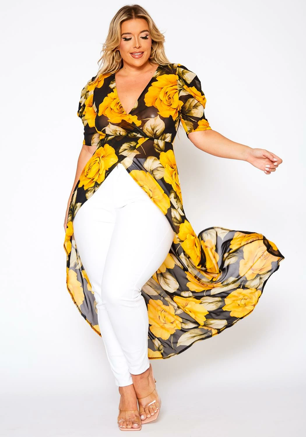 Plus Size Floral Pattern High Low Blouse 1 Plus Size Floral Pattern High Low Blouse