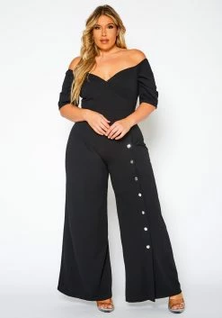 Plus Size Off Shoulder Button Down Jumpsuit
