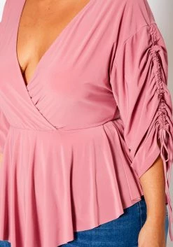 Plus Size Surplice Shirred Sleeve Peplum Blouse 9 Plus Size Surplice Shirred Sleeve Peplum Blouse -Asoph Sales Shop 2021079 001 5